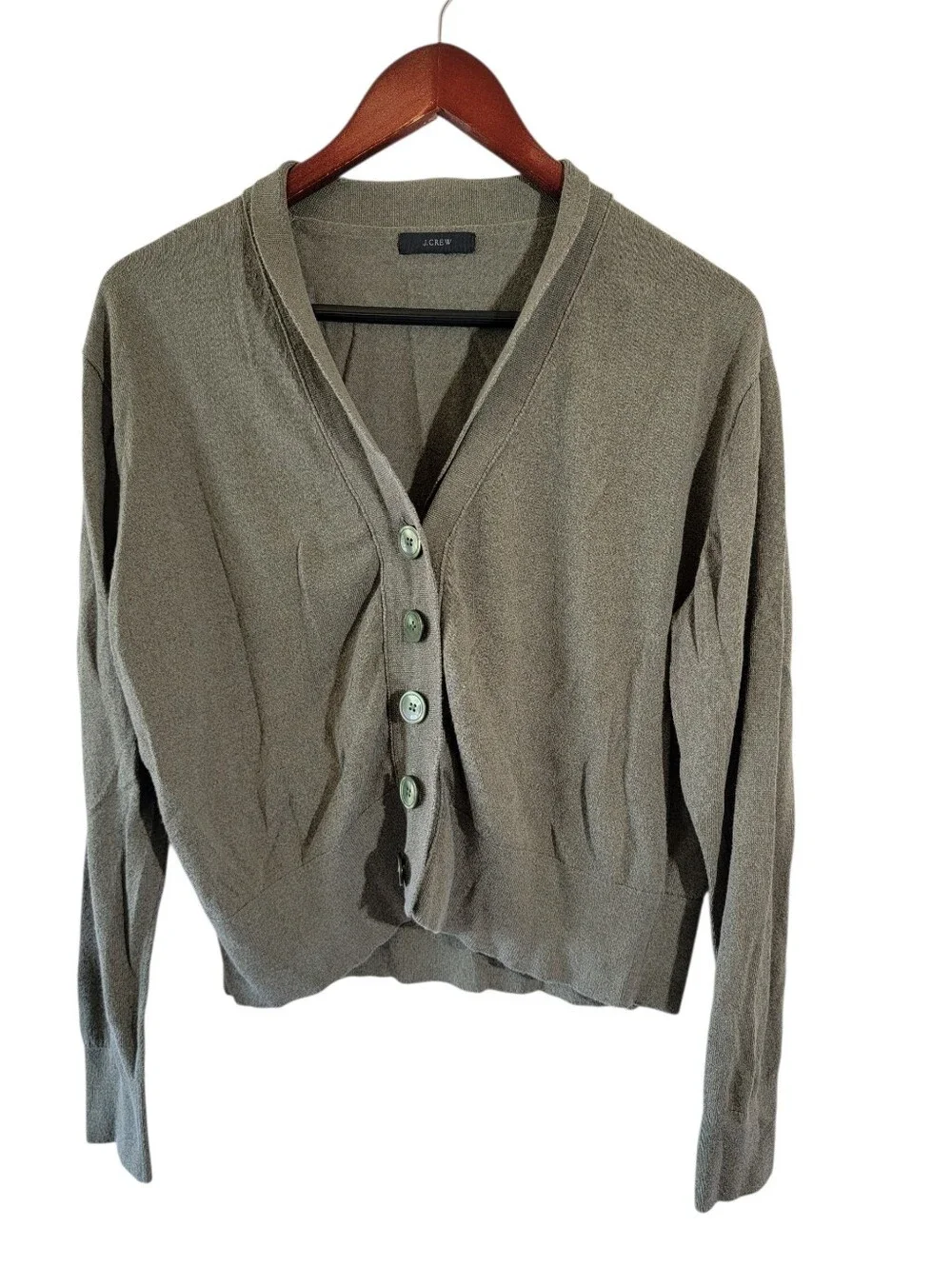 J.Crew Olive Green V-Neck Button Front Cardigan Sz L Preppy Coquette Fall Boho